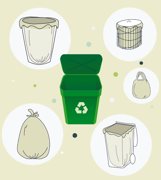 Our Products "Illustration of eco-friendly waste sorting products floating around a waste container."