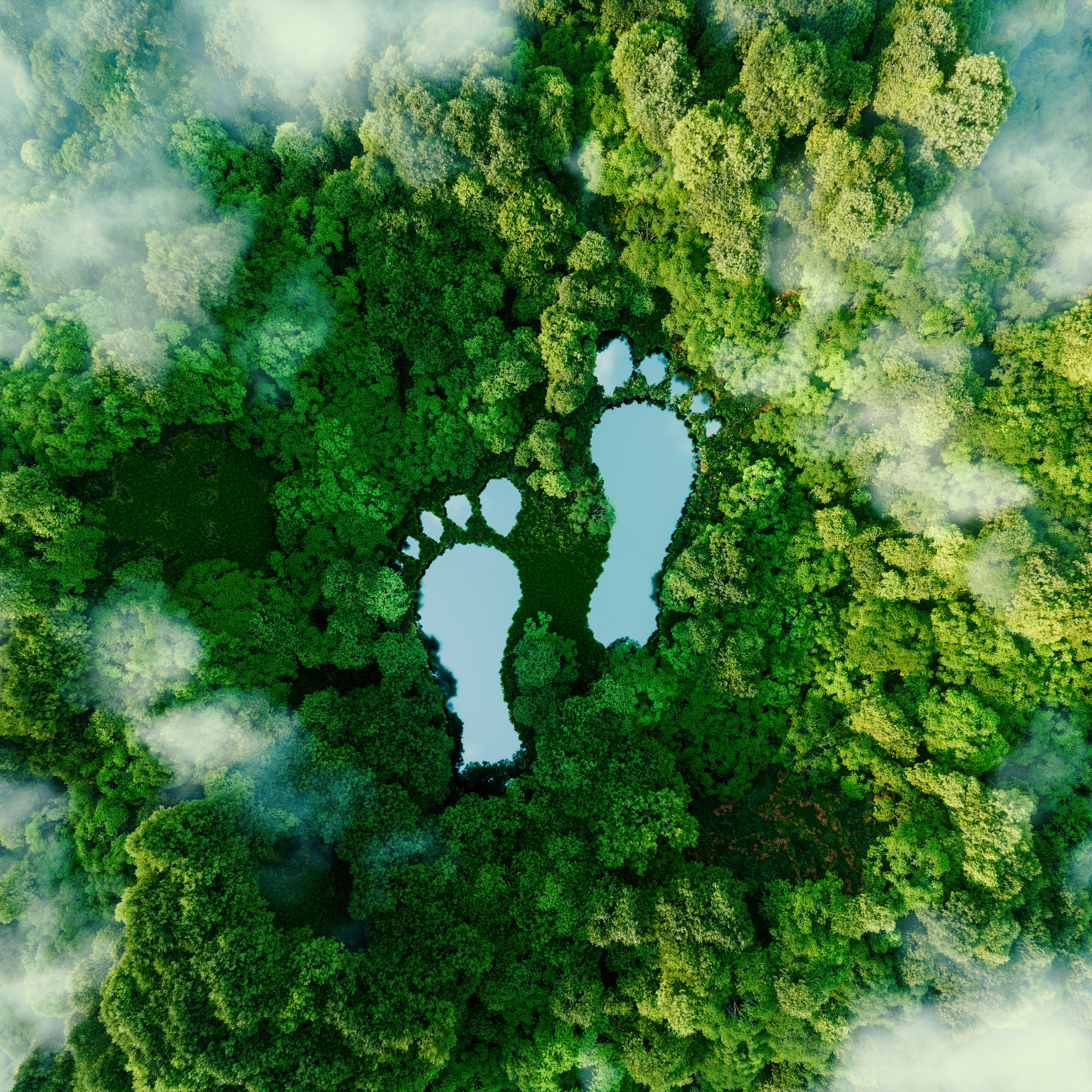 A lake in the shape of human footprints in the middle of a lush forest as a metaphor for the impact of human activity on the landscape and nature in general. 3d rendering.